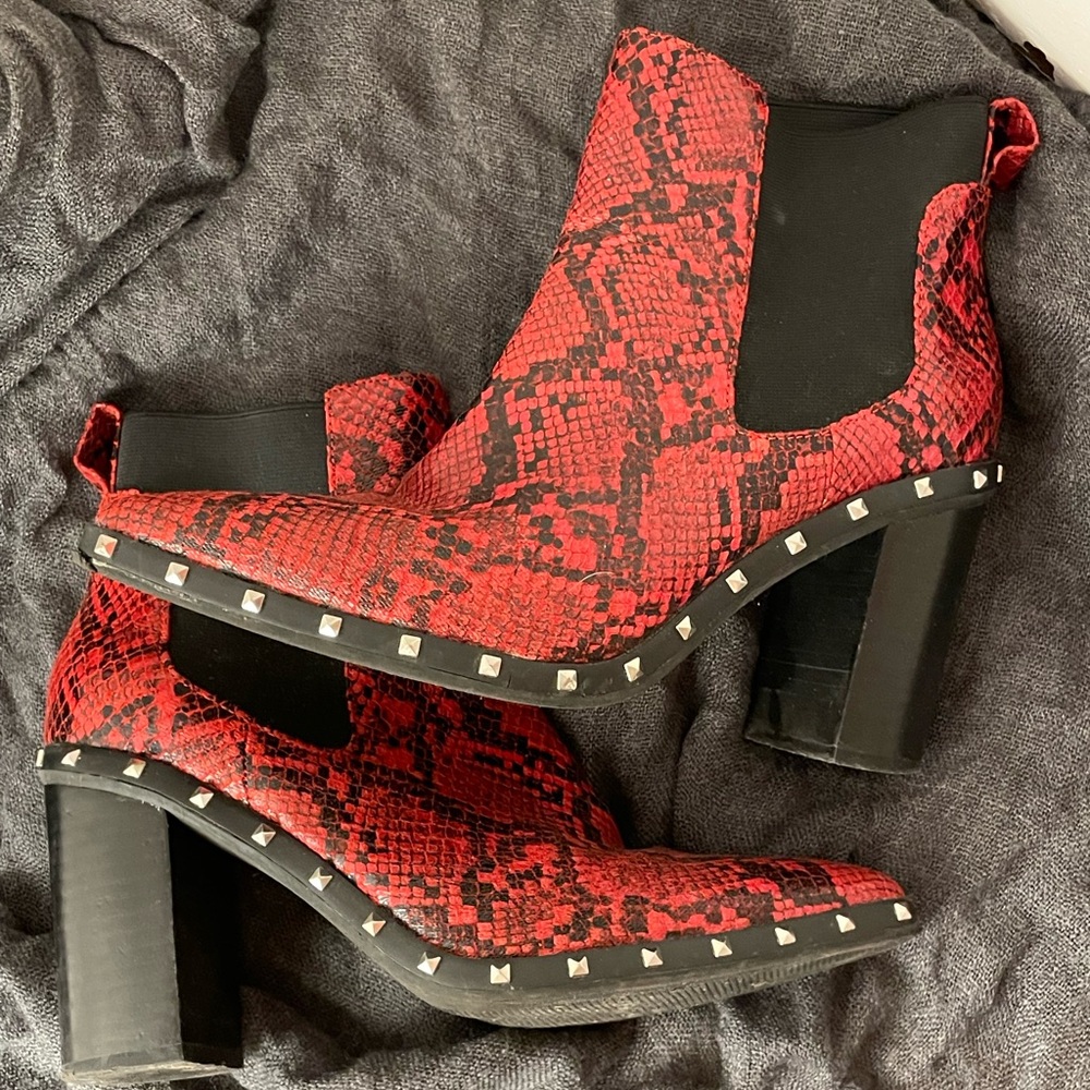 Charles by Charles David Red Snakeprint Heeled Boots with Studs